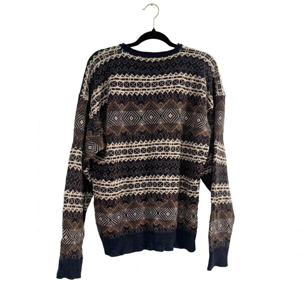 Etchings Vintage Mens Large Geometric Fair Isle Sweater Navy Brown Ramie Blend